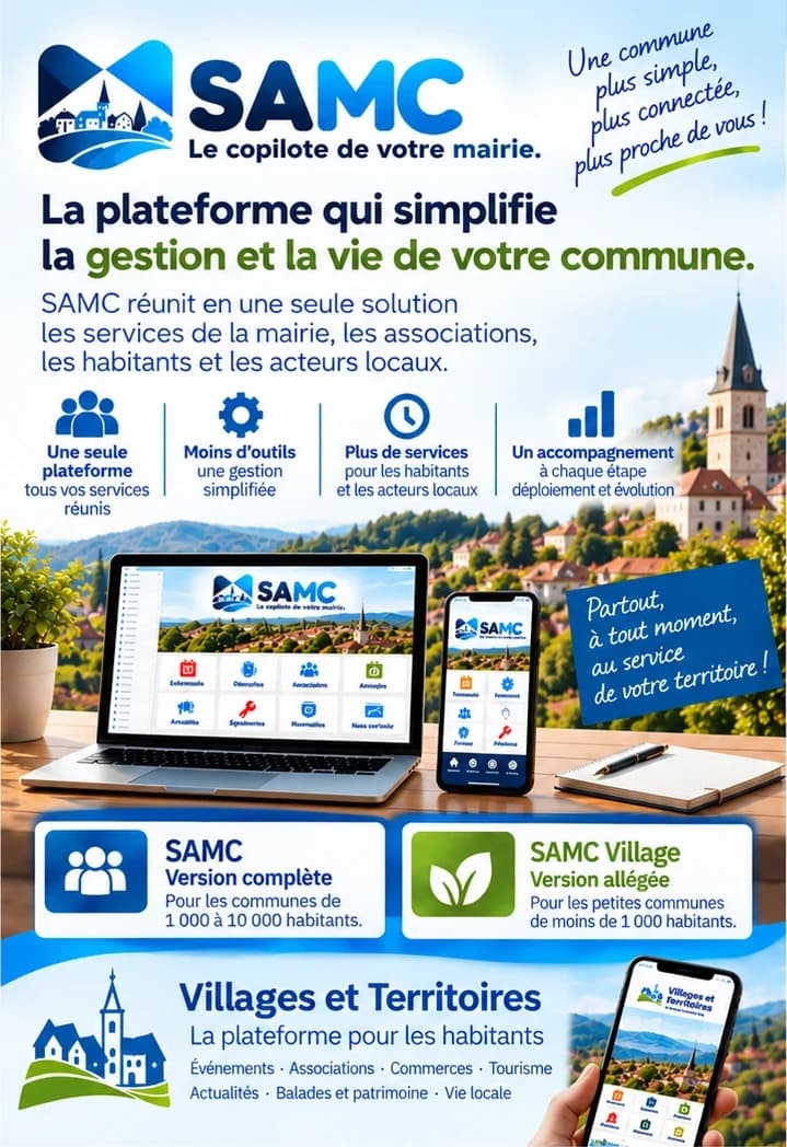 Recto du flyer SAMC : « Le copilote de votre mairie », la plateforme qui simplifie la gestion et la vie de votre commune ; SAMC en version complète pour les communes de 1 000 à 10 000 habitants, SAMC Village en version allégée pour celles de moins de 1 000 habitants, et Villages et Territoires, la plateforme des habitants.